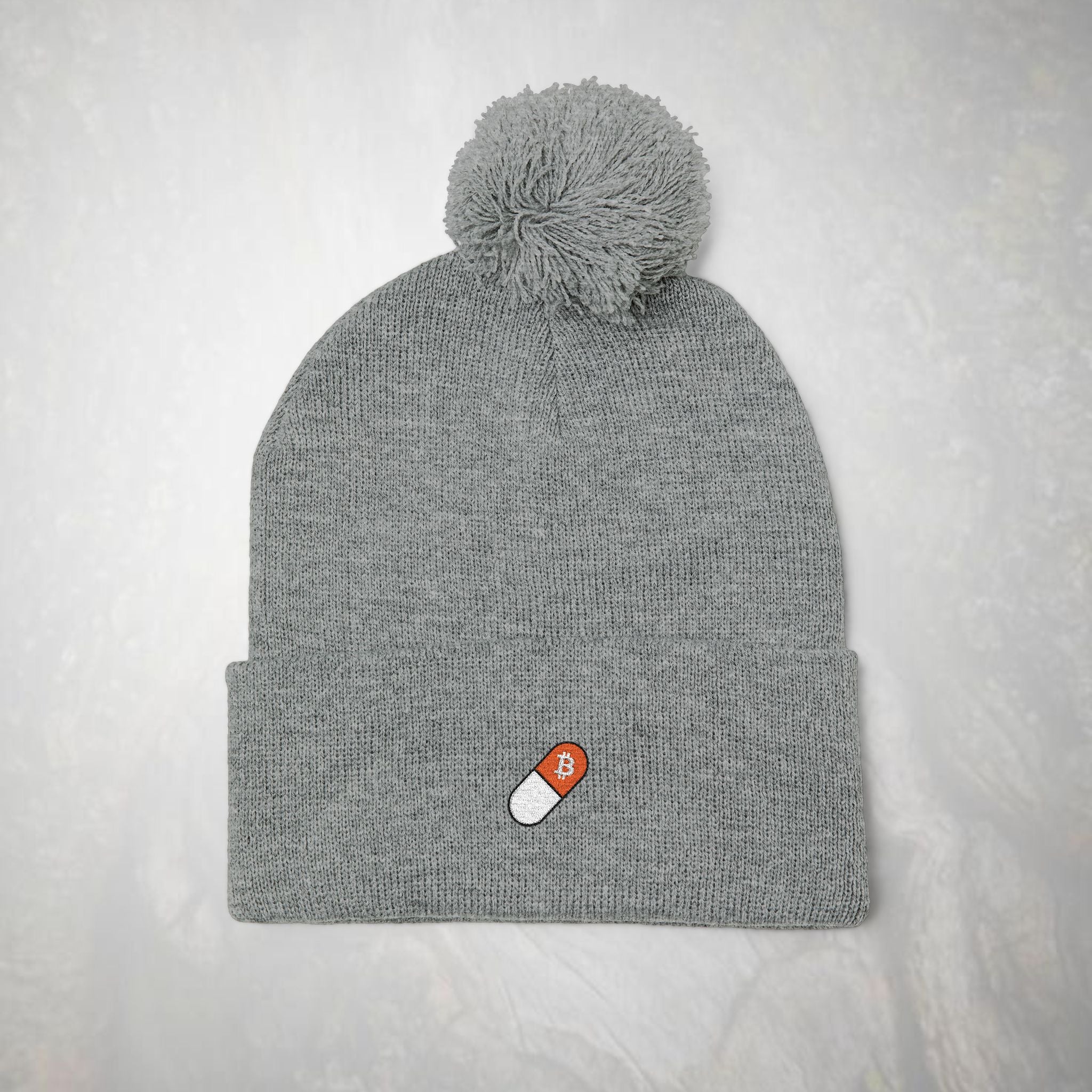 Bitcoin Beanie: Embroidered Orange Pill,  Pom-Pom Knit Hat