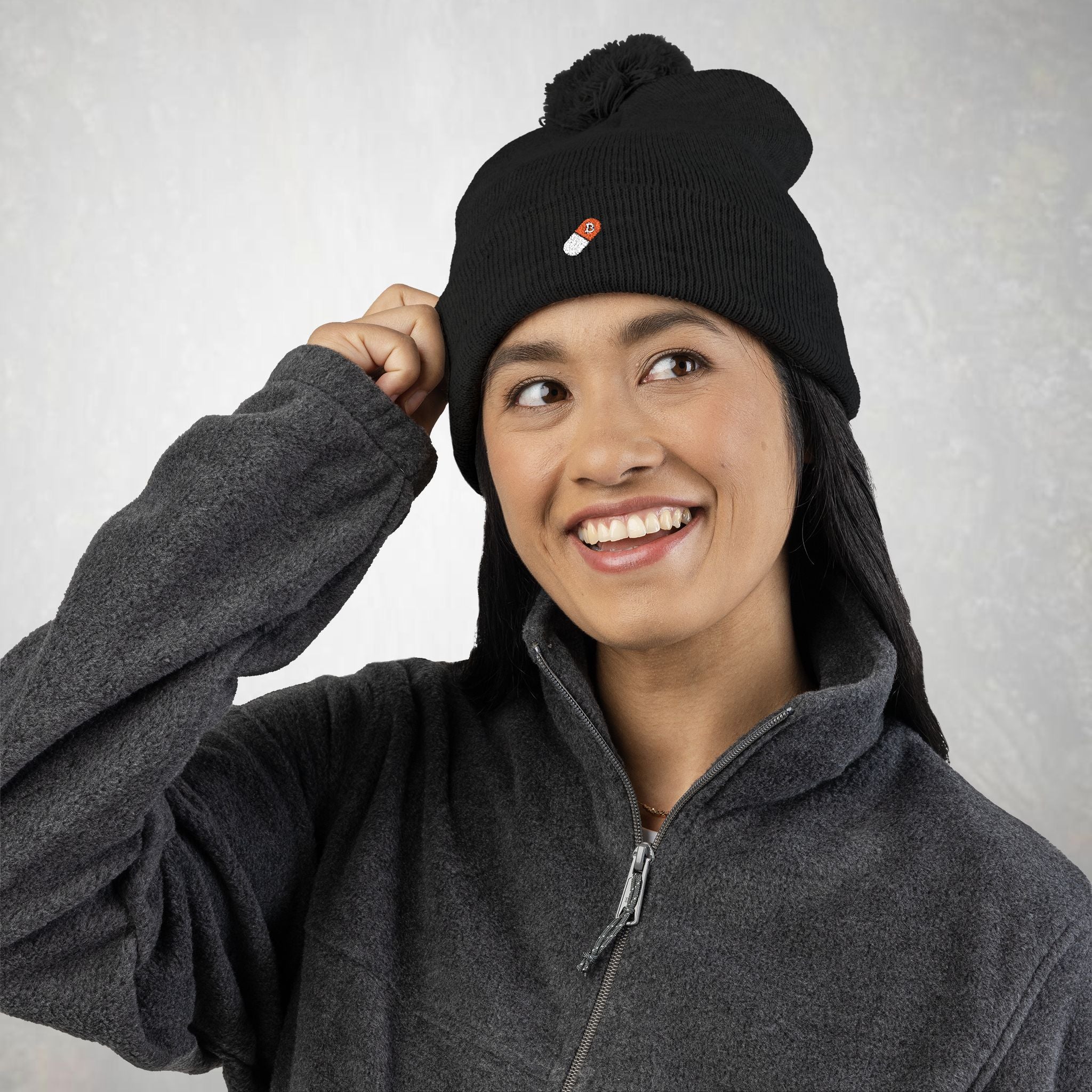 Bitcoin Beanie: Embroidered Orange Pill,  Pom-Pom Knit Hat