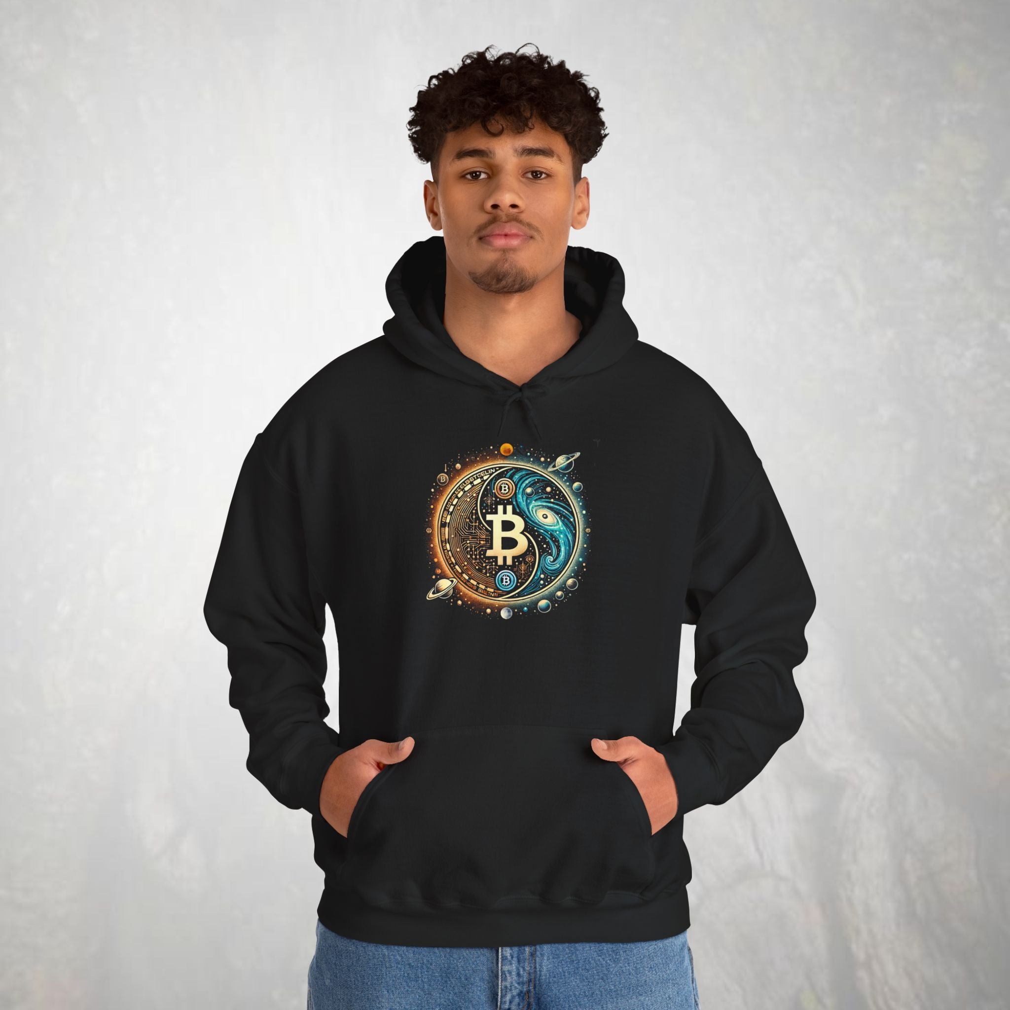 Bitcoin & Cosmos Yin-Yang Hoodie | Crypto Galaxy Symbolic Design