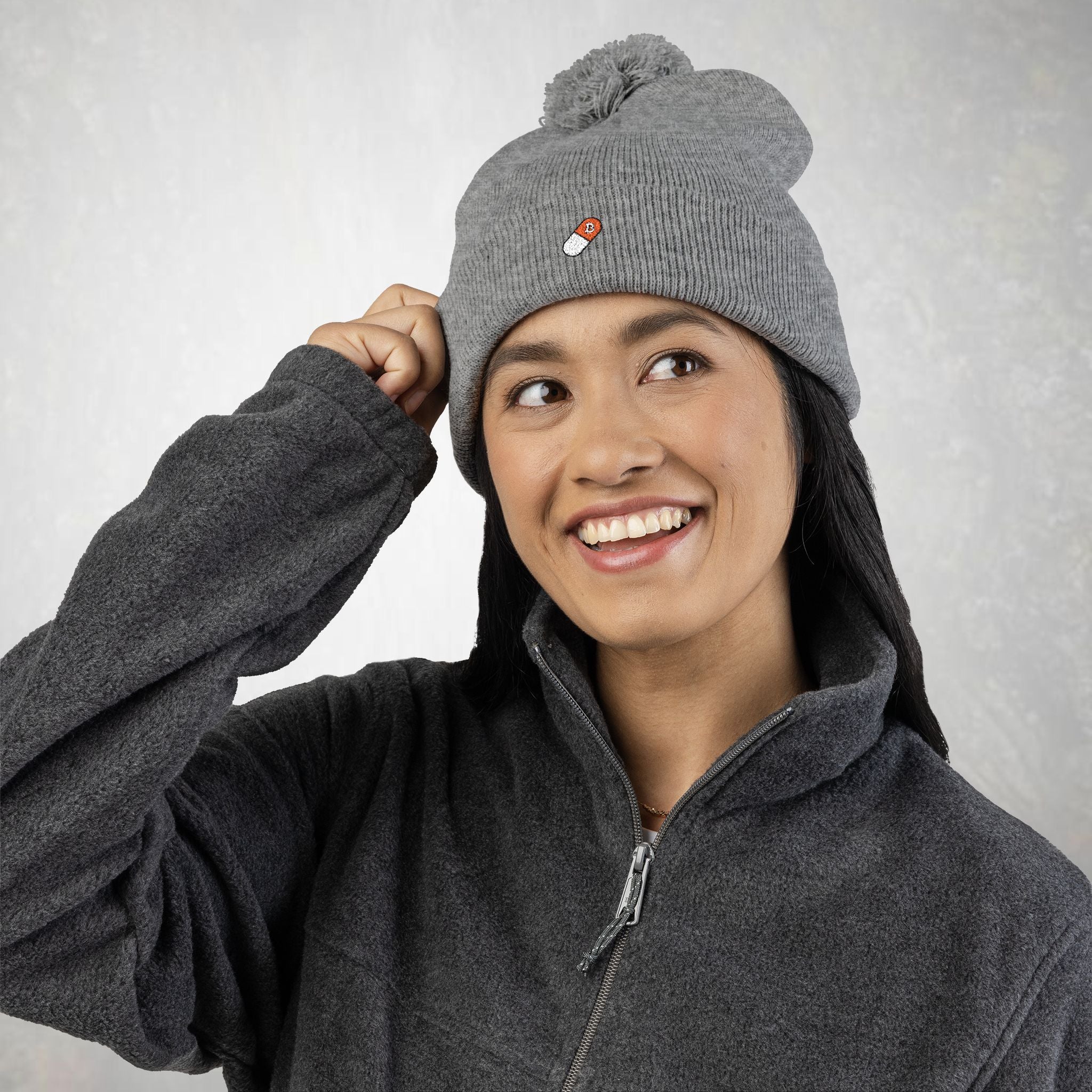 Bitcoin Beanie: Embroidered Orange Pill,  Pom-Pom Knit Hat