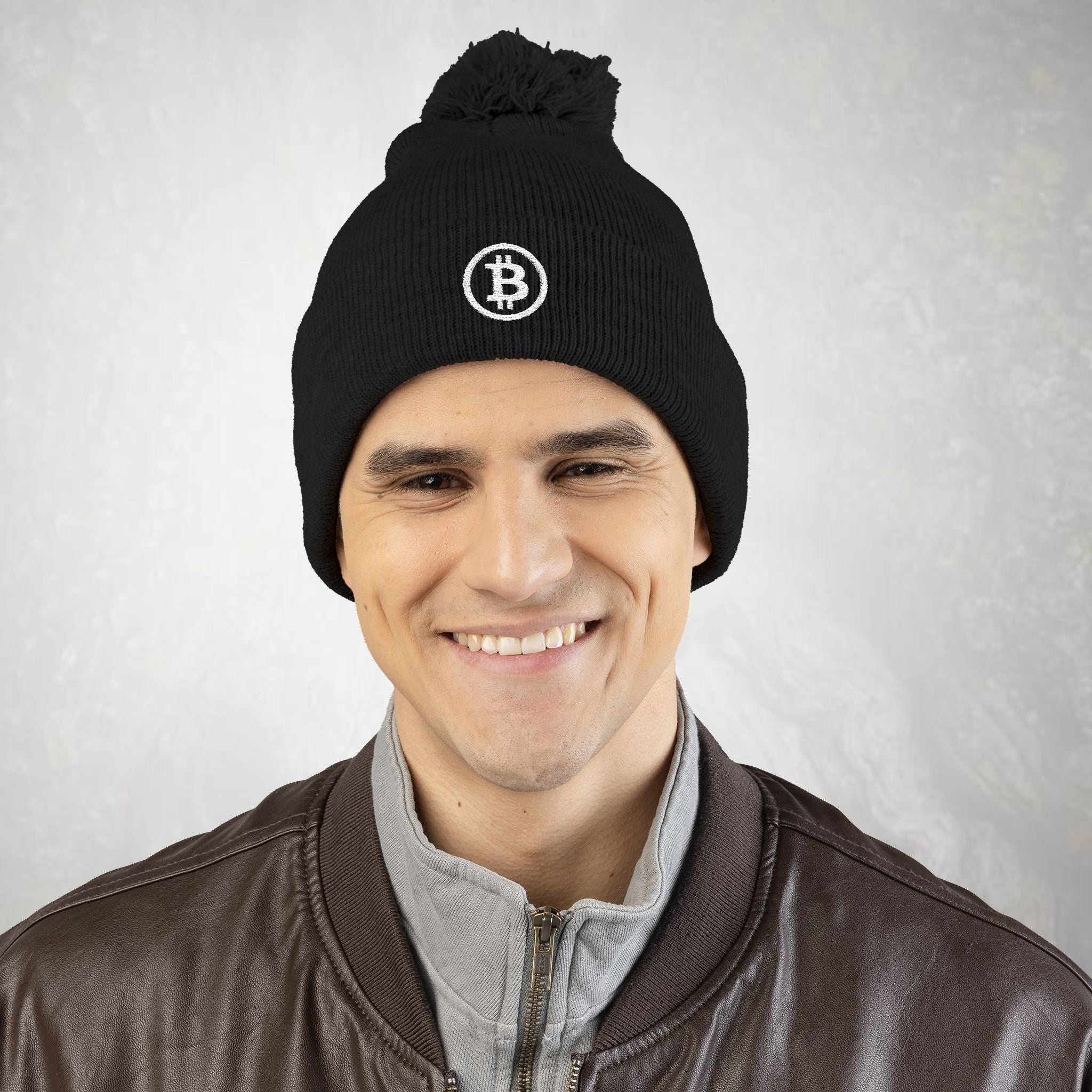 Embroidered Bitcoin Beanie, Pom-Pom Knit Beanie,