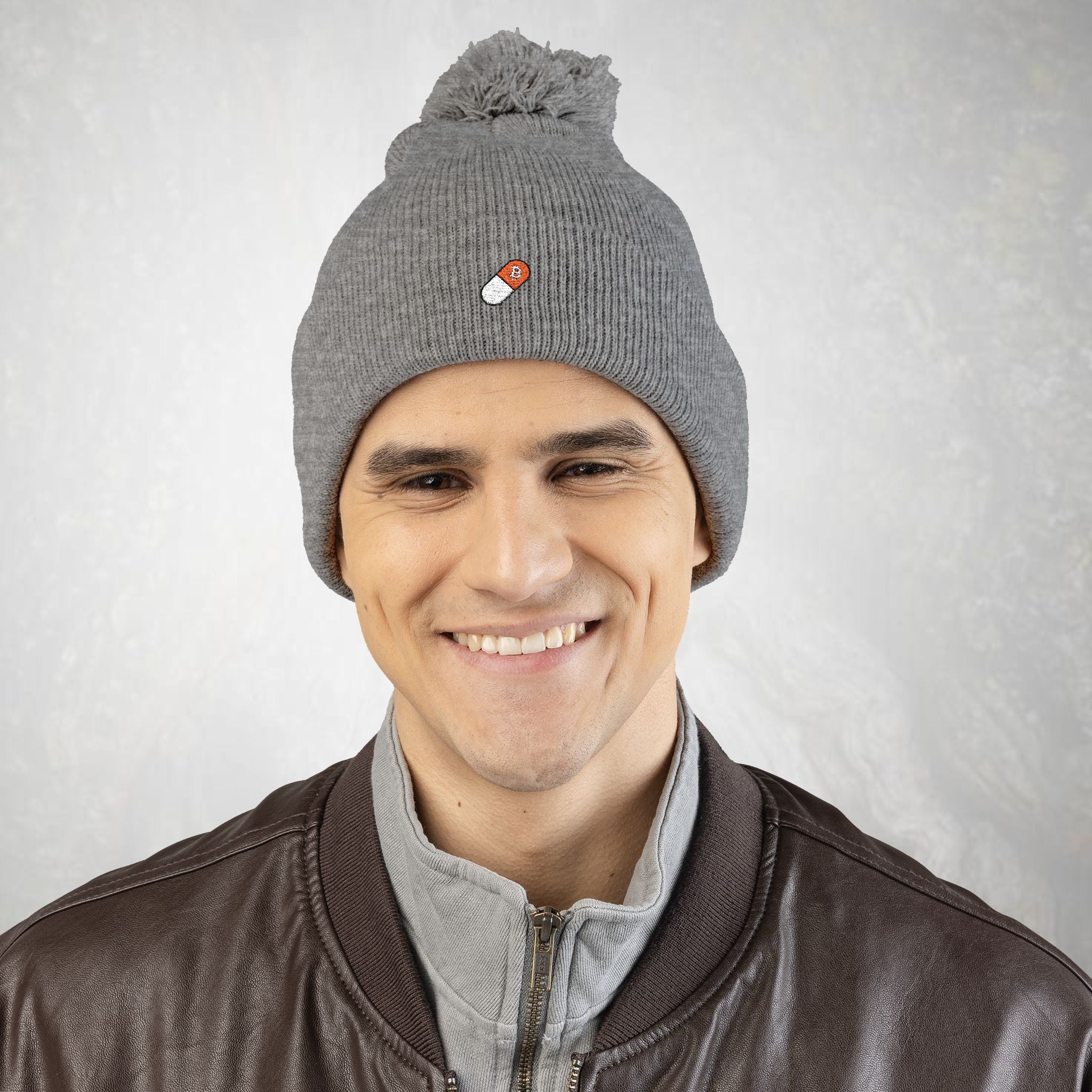 Bitcoin Beanie: Embroidered Orange Pill,  Pom-Pom Knit Hat