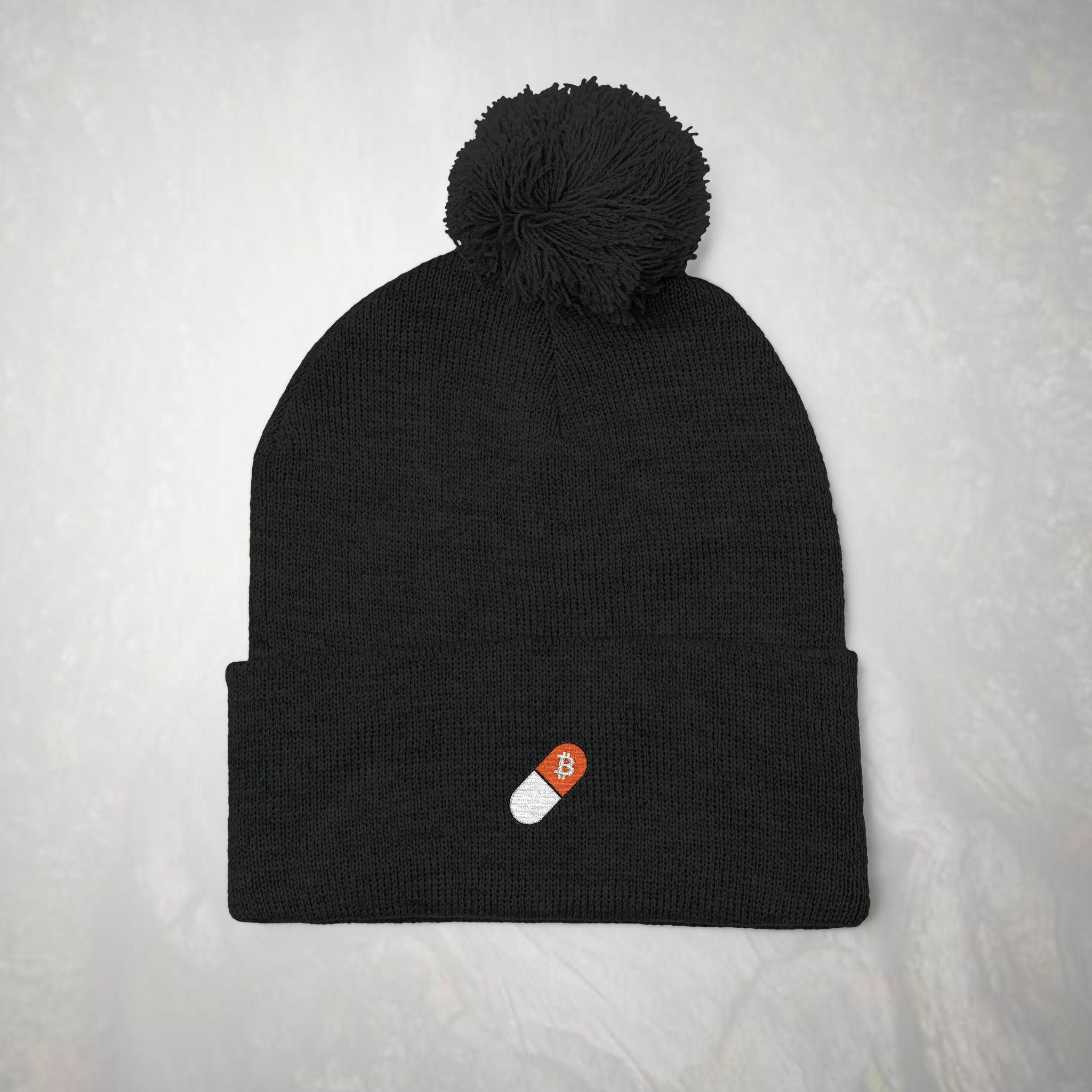 Bitcoin Beanie: Embroidered Orange Pill,  Pom-Pom Knit Hat