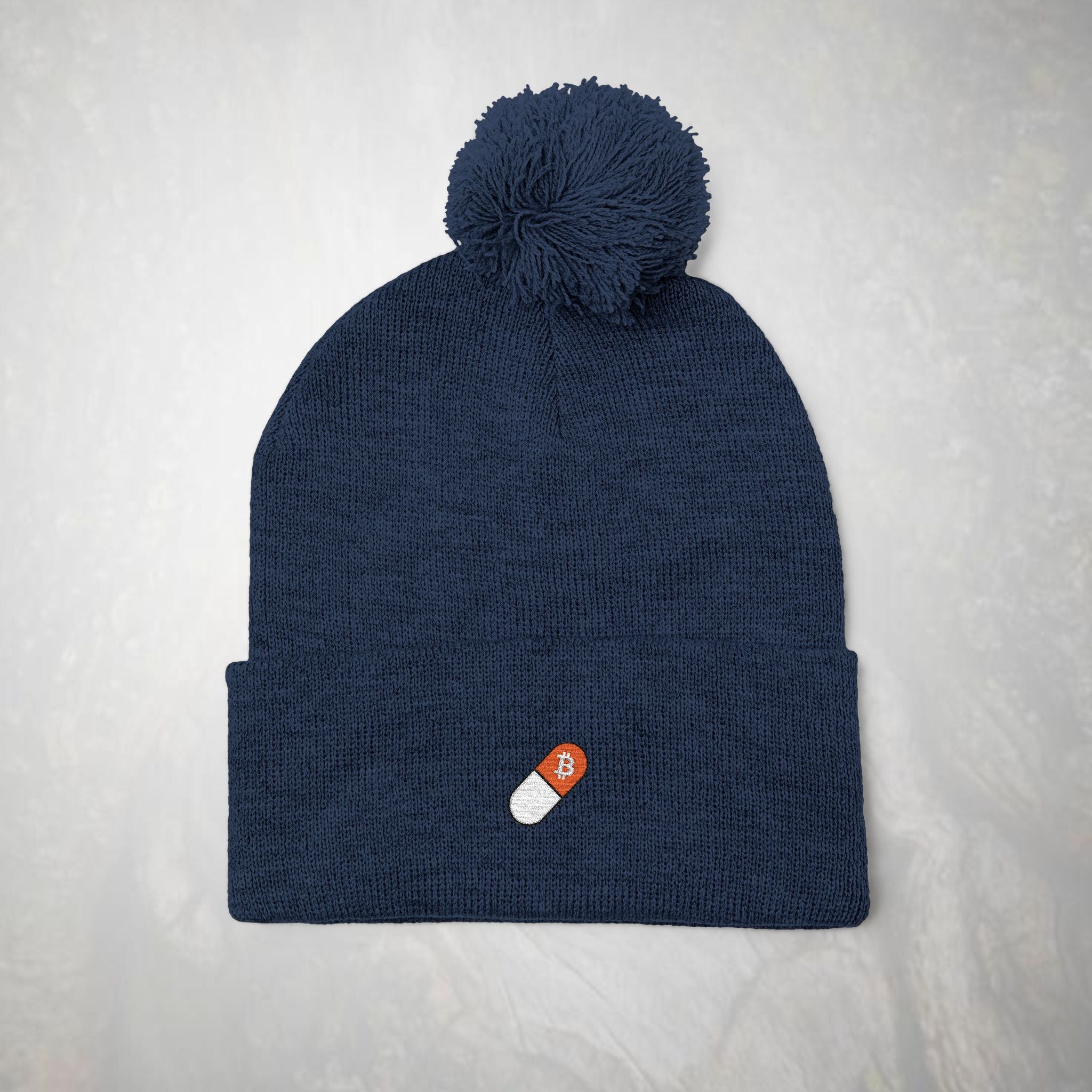Bitcoin Beanie: Embroidered Orange Pill,  Pom-Pom Knit Hat