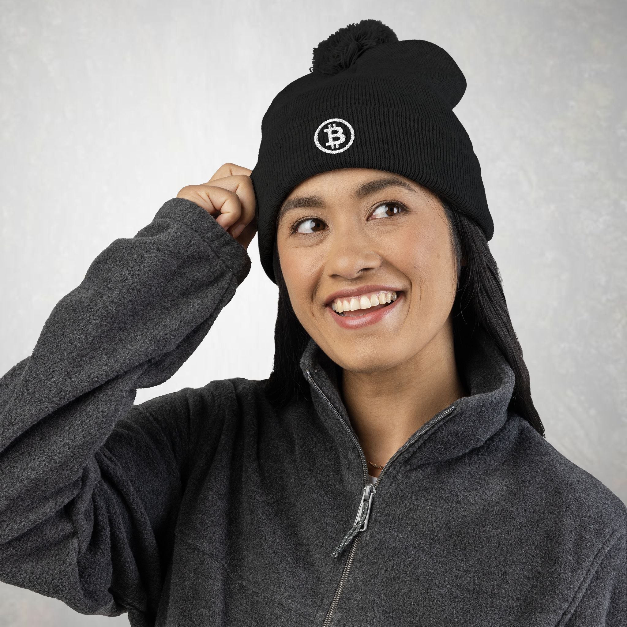 Embroidered Bitcoin Beanie, Pom-Pom Knit Beanie,