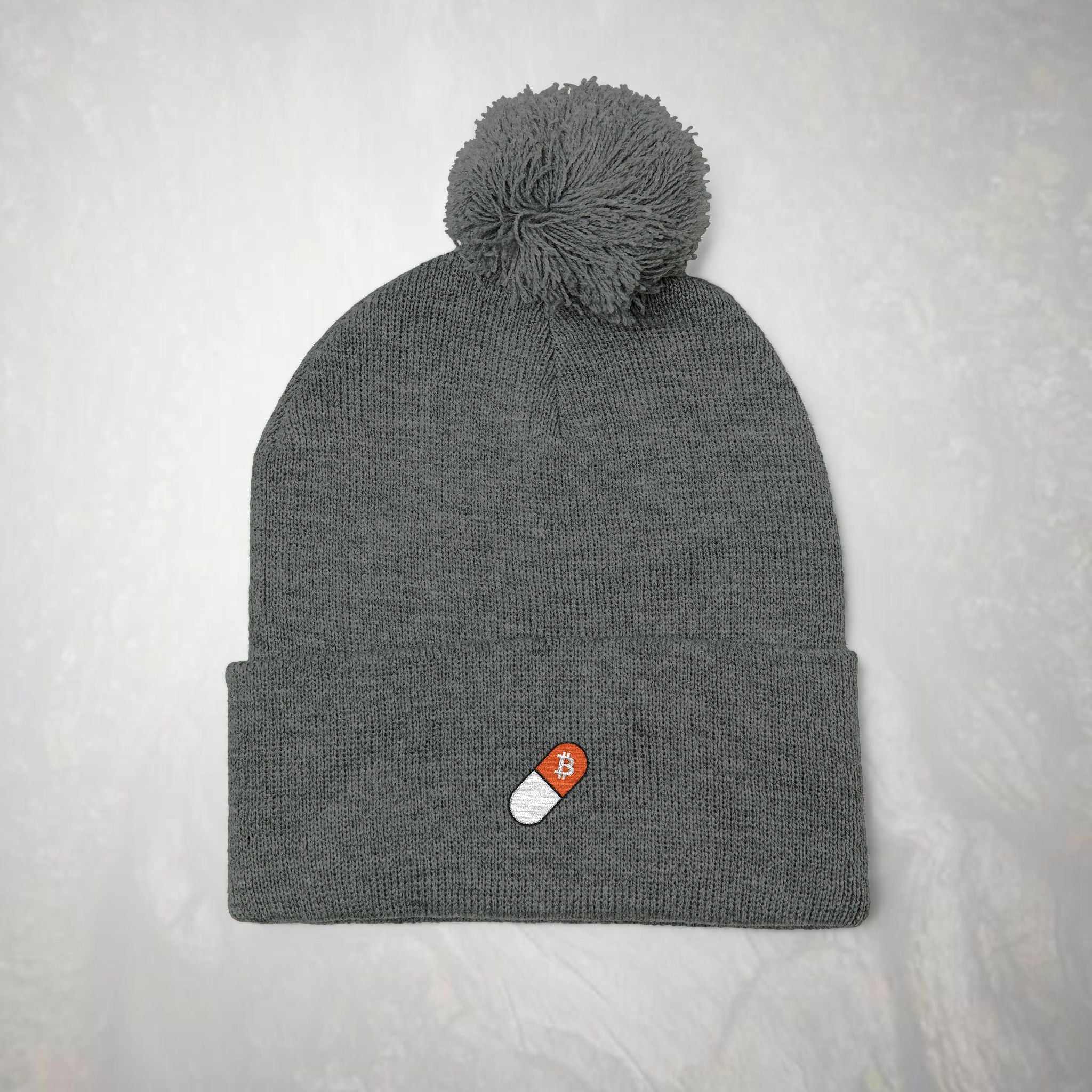 Bitcoin Beanie: Embroidered Orange Pill,  Pom-Pom Knit Hat